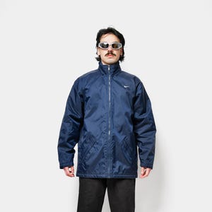 Mens NIKE vintage coat navy blue colour | 90s fall spring windbreaker | Padded shell parka long jacket outerwear for him | Medium M size