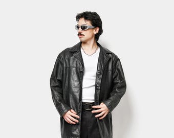 Vintage genuine leather mid long coat black | Men's Y2K 2000s button jacket | 90s Old School retro leather jacket outerwear | Large/XL size