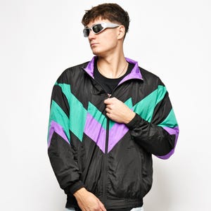 80s 90s style jacket men's black colourful for theme party | Retro fashion multi colour block shell track top windbreaker | M/L