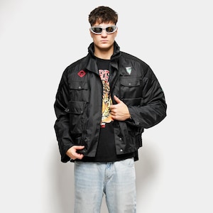 Vintage motorcycle jacket men's black by Frank Thomas | 90s biker textile bomber jacket outerwear for men | L size