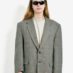 Vintage oversized men's blazer beige multi | 80s preppy unisex houndstooth sport coat | 90s fashion retro classic casual jacket | Large size