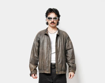Vintage Brown Leather Jacket | 90s Y2K Zip up Collared Bomber