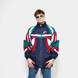 Vintage hooded sport parka blue multi coloured | Winter fall long soccer manager jacket men | Retro 80s 90s padded football rain coat | L