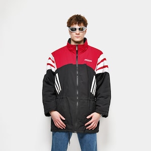 Vintage ADIDAS teamsportparka zwart rood wit | Gewatteerd lang voetbalmanagershelljack heren | Retro voetbaljas uit de jaren 90 | Grote L-maat