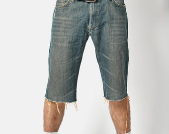 Vintage 90s cut off denim shorts | Skater long length in dark wash blue jeans | Y2K 2000s style summer capri shorts for men | S/M 33 size