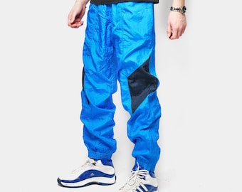 Vintage jaren 90 glanzende joggingbroek blauw heren | Sportbroek nylon festivalbroek | Old School windjack in jaren 80-stijl | Maat XL/XXL