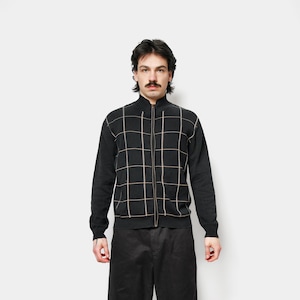 Y2K checked black cardigan sweater men's | Warm full zip jacket high neck knitted jumper | Knit boyfriend dad gift for him | Small S size