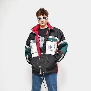 90s vintage ski jacket men's black multi coloured | Retro nylon bomber jacket parka | Rave warm winter snow hooded coat | Large L size
