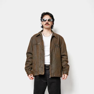 Vintage collared jacket for men in brown colour | Y2K 90s style casual canvas twill deck bomber wind jacket | Size XL
