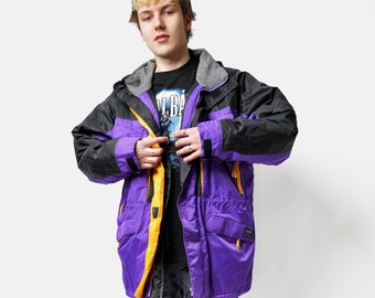 90s vintage parka jacket in purple | Warm fall winter ski jacket men | Retro 80s skiing sport hooded snow shell coat | Large L size