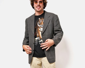 Retro 80er Jahre Blazer Graue Herrenjacke | Preppy Smart unisex 90er Jahre Herbst Vintage klassischer lässiger Wollsportmantel | Freund Geschenk für Ihn | Größe M