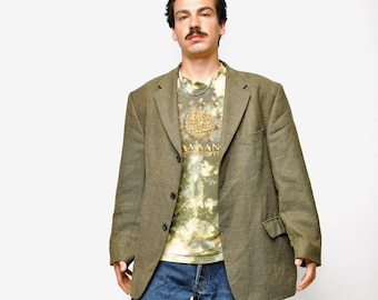 Vintage 80er Jahre Oversized Sakko Herren Grün Khaki Multicolor | Retro Hahnentritt Wollblazer | 90er Jahre Mode Retro Klassiker Freizeitjacke XL