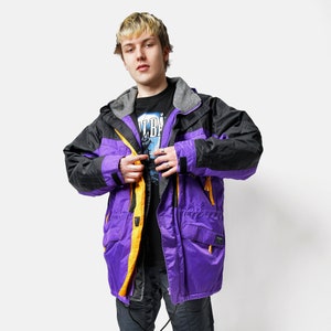 90s vintage parka jacket in purple Warm fall winter ski jacket men Retro 80s skiing sport hooded snow shell coat Large L size image 1