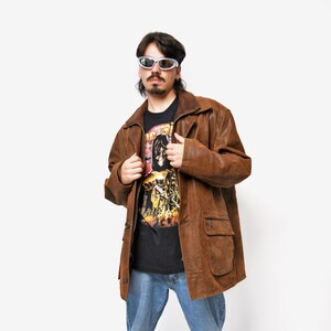 veste en cuir marron vintage en daim | Automne automne hiver des années 90 manteau zippé/boutonné style Y2K vêtements d'extérieur | Grande taille L