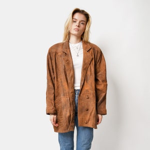 Manteau mi-long en cuir souple vintage des années 80 marron pour femme | Veste rétro boutonnée Veste en cuir old school des années 90 | Grande taille/XL