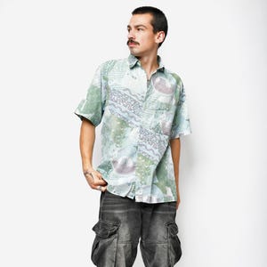 90s patterned green colour shirt for men | Vintage cotton abstract hipster summer shirt | Retro short sleeve button up shirt | Large L size