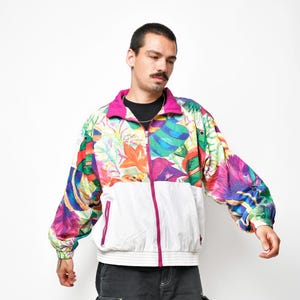Vintage white multi colour block windbreaker sport jacket | 80s 90s abstract retro shell suit top | Lightweight track jacket | L/XL size