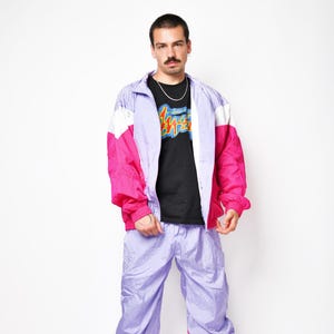 Vintage 90s tracksuit set men multi colour block (lilac purple pink) | Rave 80s retro nylon windbreaker shell suit for men | XL size