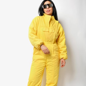 80s vintage ski suit for women yellow | Retro winter warm skiing overall | One piece wind jumpsuit bodysuit snow suit set | Medium M size