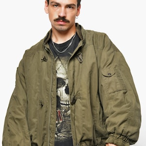 80s vintage bomber jacket khaki green men&#39;s | Retro solid aviator jacket for him | Rave oversized winter autumn fall coat | Large L size