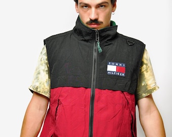 Tommy Hilfiger 90s vintage ski vest for men in red black colour | Sleeveless jacket gilet fleece unisex | Retro shell vest men's | Large L