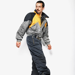 Vintage ski suit mens black grey yellow multi colour block | Winter warm retro snowboarding one part skiing suit set | Medium M size