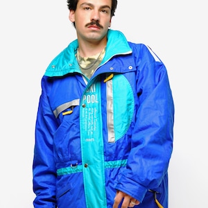 90s vintage warm winter parka blue colour | Insulated padded hooded ski jacket mens | Retro 80s snow skiing puffer coat for him | L/XL size
