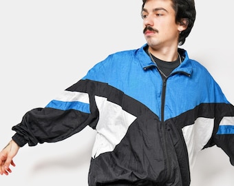 90s Vintage Nylon Jacket Mens Black Blue White Colour Block | Old