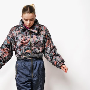 Retro 80s ski suit women navy blue black multi | Vintage winter warm 90s abstract one piece skiing overall jumpsuit bodysuit snow suit L/XL