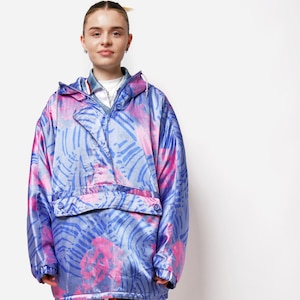 90s retro hooded oversized anorak jacket | Multi colour (blue pink) crazy rave light bomber | Vintage abstract hipster wind coat | L/XL