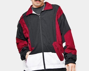 70s Vintage Track Jacket: Black & Red Zip up Sportswear (L) - Etsy