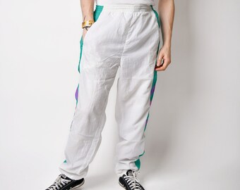 Vintage 90s joggers white multi colour men's | 80s sport shell pants | Old School wind trouser for men | Small/Medium size