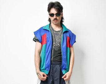 80s festival vest jacket gilet men's multi coloured | 90s Old School style vest | Vintage sports sleeveless track jacket top | Small/Medium