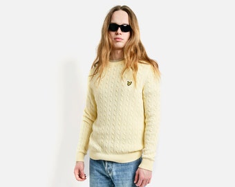 Vintage Y2K cable-knit men sweater yellow Lyle and Scott | Retro 90s 80s style classic winter jumper | Nostalgic dads cozy pullover | Small