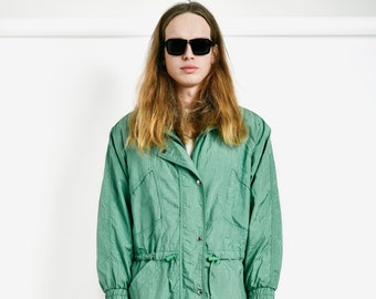 Retro 80s light wind parka coat green men&#39;s | All seasons long windproof jacket unisex | Vintage 90s ski sport insulated coat | Large L size