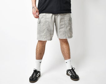 Pantalones cortos cargo vintage para hombre, color gris y beige, con múltiples bolsillos, para senderismo, camping, informales, para vacaciones de verano, años 90 y 80, talla L grande.