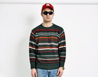 90s vintage sweater mens multi colour striped pattern | Retro 80s casual jumper warm sweater boyfriend gift for him | Nostalgic pullover | L