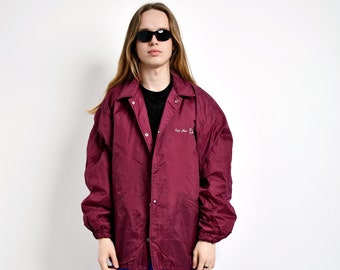 80s vintage cherry maroon colour windbreaker jacket | Retro 90s shell jacket red | Festival lightweight collared wind coat red | Large size