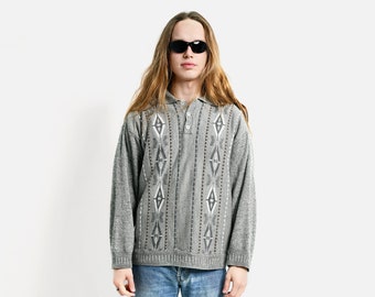 Vintage polo sweater in grey men's | Retro 80s 90s knit knitwear knitted boyfriend jumper | Dads preppy 90s geometric pullover | XL size