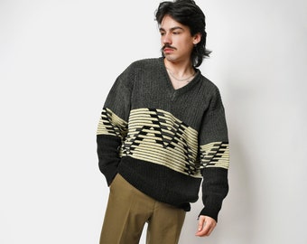 Y2K men's sweater in grey beige black colour | Vintage v-neck sweater jumper boyfriend gift for him | Nostalgic pullover knitwear | Large L