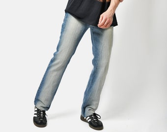 Y2K style straight distressed wash jeans | 00's era medium blue washed bleached jeans | W 32 Medium size