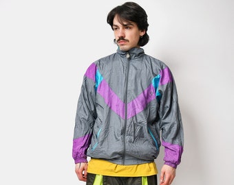 80s vintage jacket grey | Multi colour block shell jacket | 90s fashion retro nylon sport windbreaker | Medium M size