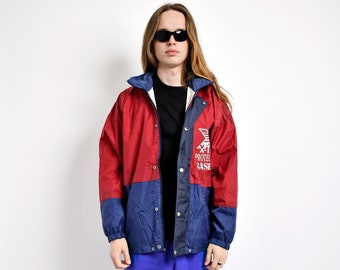 Vintage windbreaker shell jacket red blue colour block men's | Festival hooded windbreaker parka wind coat raincoat unisex | Large L size