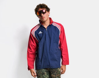 Vintage ADIDAS Shell Jacke blau rot | Herren 90er Jahre sportliche Pullover Windjacke | Y2K 00s 1/4 Zip Sportjacke für Herren | Mittlere Größe