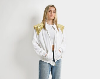 Vintage 80s windbreaker jacket white women | Rave 90s wind jacket with shoulder pads | Athletic shell suit top jacket | Medium M size