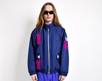 80s vintage windbreaker blue navy colour shell jacket | Lightweight retro 90s nylon sport athletic jacket top full zip up jumper | XL size