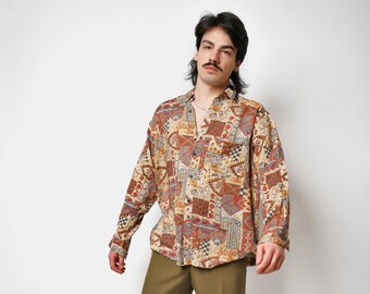 80er Jahre Herren Boho Hemd braun multi | Vintage-Hipster-Hemd mit abstraktem Muster und Knöpfen | 90er Jahre Retro-Festival-Rave-Langarmshirt | Großes L