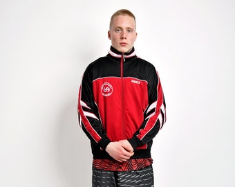 Old School track jacket red | Men's vintage 2000s Y2K tracksuit top | Sports athletic team zipper soccer jumper active wear | Medium M size