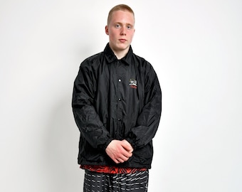 80er Jahre Vintage schwarze einfarbige Windjacke | Retro 90er Jahre Minimalist Shell Jacke | Festival leichter Windmantel mit Kragen | XL Größe