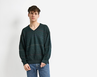 Retro sweater mens green colour | Vintage classic v-neck sweater jumper boyfriend gift for him | Nostalgic pullover knitwear | Large L size